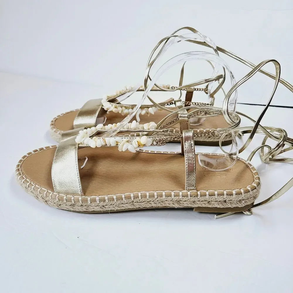 asos Design Jukebox‎ Beaded Two Part Espadrilles in Gold Mermaidcore Women's 10